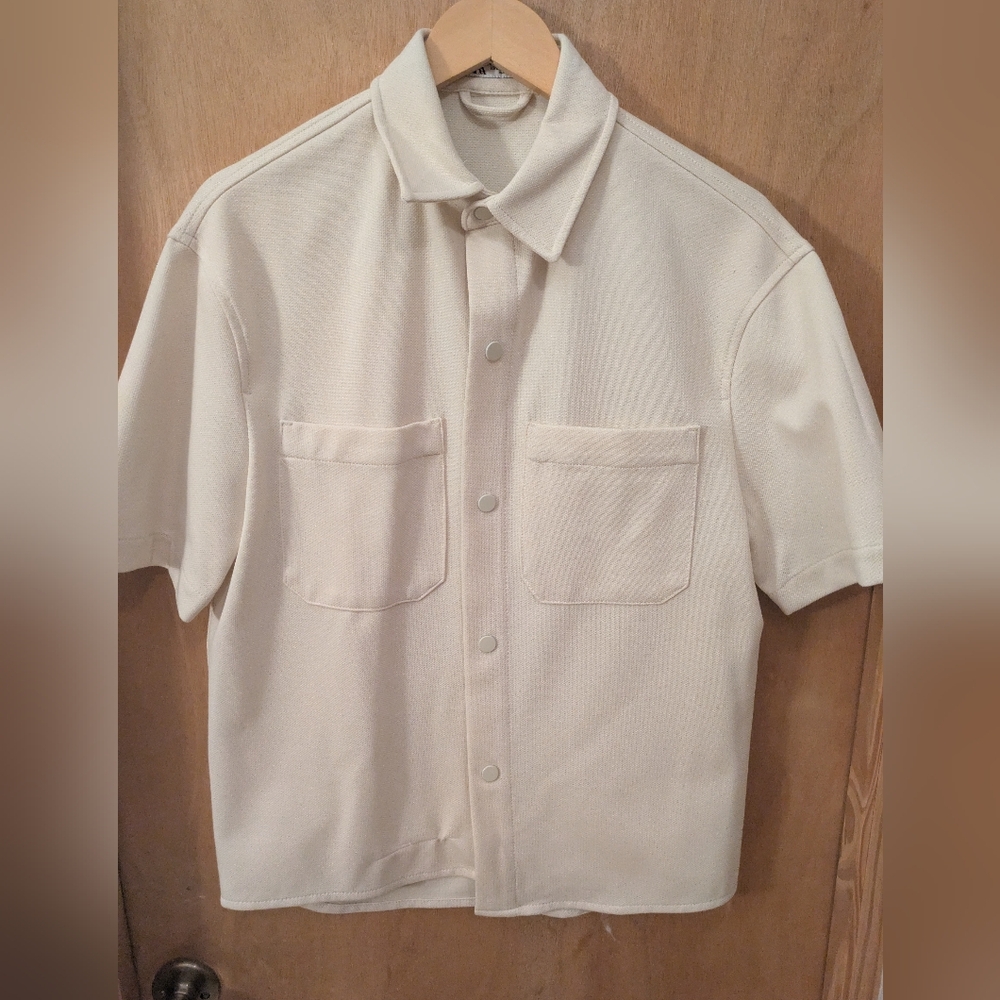 Beige Oversized Short Sleeve Button Up